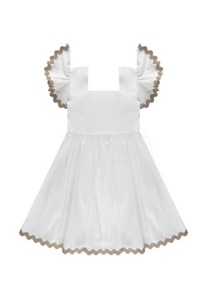 Vestito bianco da ragazza con scollo quadrato, maniche arricciate e orlo rifinito con bordo beige ondulato.