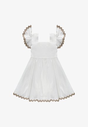 Vestito bianco da ragazza con scollo quadrato, maniche arricciate e orlo rifinito con bordo beige ondulato.