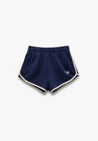 Pantaloni sportivi blu navy realizzati in tessuto morbido, dotati di una vita elasticizzata, rifiniture bianche sui lati e un piccolo logo sul davanti.