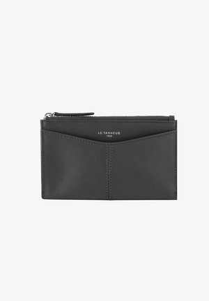 Black leather wallet with zipped closure, smooth texture, and embossed brand logo. Features a front pocket with a triangular design.