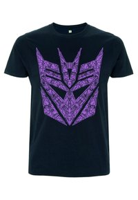 Zwarte katoenen T-shirt met een grote paarse graphic van een robotachtig gezicht design, met scherpe hoeken en gedetailleerde patronen.