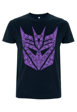 Black cotton T-shirt featuring a large purple graphic of a robotic face design, with sharp angles and detailed patterns.