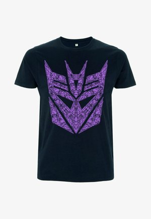 Black cotton T-shirt featuring a large purple graphic of a robotic face design, with sharp angles and detailed patterns.