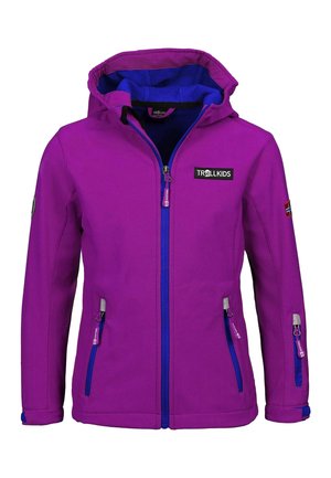 Purple softshell jacket with a hood, featuring a blue inner lining, zippered front, and two zippered side pockets. Logo on the chest.