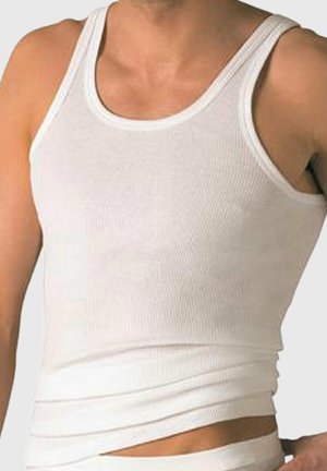 White ribbed tank top with a round neckline and wide shoulder straps, featuring a snug fit and smooth texture.