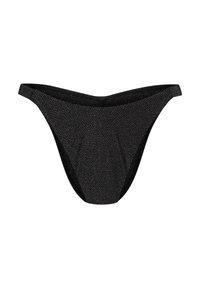 Czarny dół bikini z fakturowanej powierzchni, z niskim stanem i wąskimi bocznymi paskami dla minimalnego zakrycia.