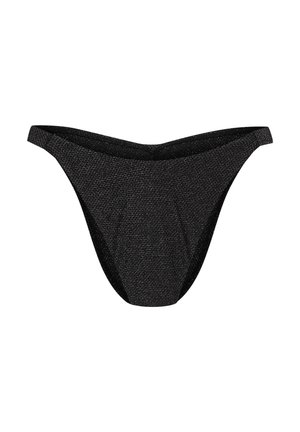 Czarny dół bikini z fakturowanej powierzchni, z niskim stanem i wąskimi bocznymi paskami dla minimalnego zakrycia.