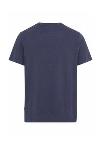 Granatowa koszulka z krótkim rękawem, okrągły dekolt, wykonana z miękkiego materiału. Gładka tekstura i luźny krój. Brak widocznych wzorów lub akcentów.