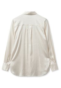 Cream-colored, long-sleeve shirt made of smooth, lightweight fabric. Features a classic collar and buttoned cuffs, with a relaxed fit.