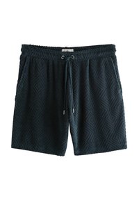 Pantalones cortos verdes oscuros hechos de tejido texturizado, con un patrón de diamantes, cinturilla elástica y cordón ajustable con puntas de metal plateado.