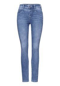 Ljusblå skinny jeans tillverkade av denim. Har fyra fickor, bältesöglor och en knappstängning. Slät yta med minimal blekning.