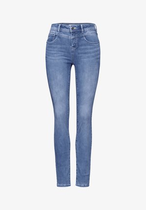 Jeans skinny blu chiaro in denim. Presentano quattro tasche, passanti per cintura e chiusura con bottone. Texture liscia con minimo sbiadimento.