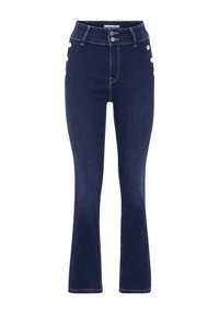 High-waisted flared jeans in dark blue denim, featuring button accents on the sides and contrast stitching. Smooth texture, fitted through the hips.