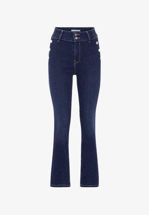 Hoch geschnittene, ausgestellte Jeans in dunkelblauem Denim, mit Knopfdetails an den Seiten und kontrastierenden Nähten. Glatte Textur, eng an den Hüften.