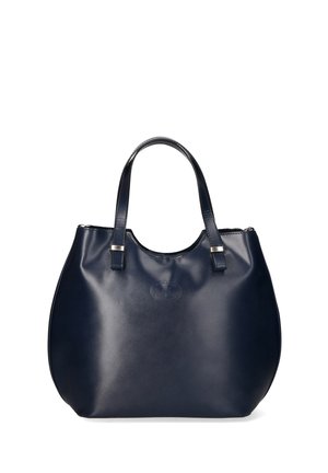 Marineblauwe leren handtas met een afgeronde vorm, twee stevige handgrepen en een gladde textuur. Voorzien van een in het leer geperst logo aan de voorkant.