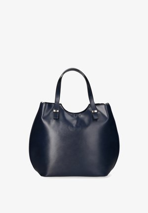Borsa in pelle blu navy con forma arrotondata, due manici robusti e una superficie liscia. Presenta un logo stampato sulla parte anteriore.