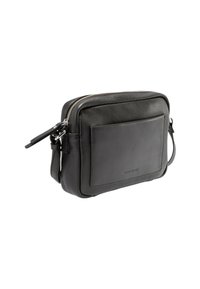 Borsa a tracolla nera in pelle con un'esterno testurizzato, chiusura a zip e una tasca frontale semplice con superficie liscia.