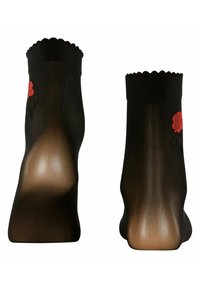 Schwarze Knöchelsocken mit einem gewellten oberen Saum, verziert mit rotem Rosenstickerei an der Seite, und einer durchsichtigen, glatten Textur.