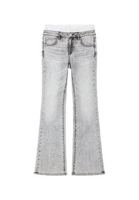Gray flared jeans with a mid-rise white waistband. Classic five-pocket design and seam detailing along the legs. Stretch denim fabric.