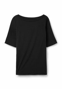Zwarte t-shirt met korte mouwen, voorzien van een brede, ronde halslijn en een losse pasvorm. Gemaakt van zachte stof met een gladde textuur.