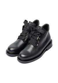 Black leather ankle boots with thick black ribbon laces tied in bows and gold eyelets, displayed on a white background.