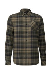 Camisa de franela a cuadros verdes con mangas largas, cuello abotonado, un bolsillo en el pecho y botones negros; presenta tonalidades variadas de verde y azul.