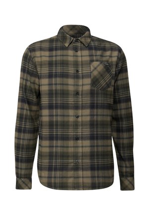 Grønternet flannel skjorte med lange ærmer, knap-ned krave, enkelt brystlomme og sorte knapper; har varierende nuancer af grøn og blå.