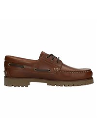 Braune Leder-Bootsschuhe mit runder Zehenform, Schnürdesign, kontrastierenden Nähten und Gummisohle mit einem strukturierten Grip-Muster.