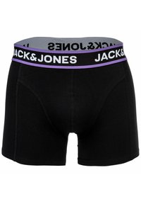 Svarta bomullshorts med bred elastisk midjeband som har "JACK&JONES" i vita och lila ränder. Slät textur, åtsittande design.