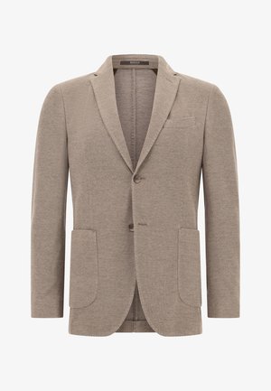 Rudas tekstūruotas švarkas su dviem priekiniais kišenėmis ir viena krūtine kišene. Iškirptė su notch ir dviejų mygtukų užsegimu. Tinkamo dydžio.