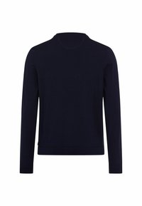 Marineblauer Langarmpullover, runder Halsausschnitt, weiche Stricktextur, körpernahe Form, dezente Nähte an Schultern und Bündchen.