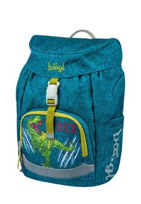 Türkiser Stoff-Rucksack mit strukturiertem Muster, ausgestattet mit einem Dinosaurier-Motiv und leuchtend gelben Akzenten, verstellbaren Trägern und einer vorderen Reißverschlusstasche.