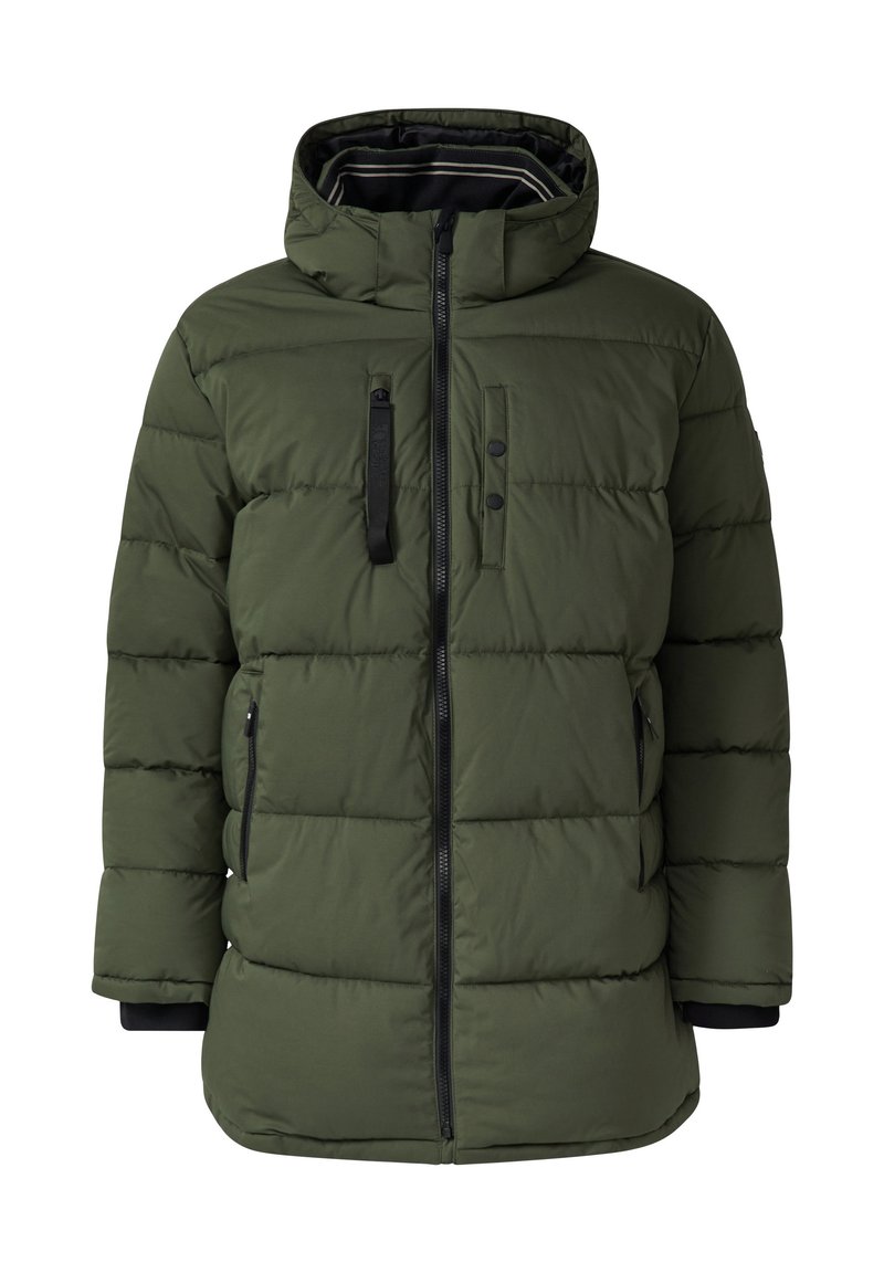Grüne Steppjacke mit Reißverschluss, hohem Kragen und elastischen Bündchen. Verfügt über zwei Seitentaschen und eine Brusttasche. Gestepptes Musterdesign.