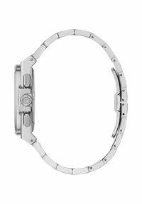 Hõbedane metallist randmevaat, millel on poleeritud korpus, tekstureeritud külgpainutid, lingitud rihm ja ümar kellanägu. Minimalistlik disain puhaste joontega.