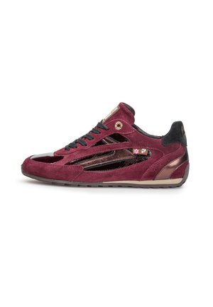 Maroon suede and shiny leather sneaker with black laces, perforated side details, low profile sole, and black padded heel collar.