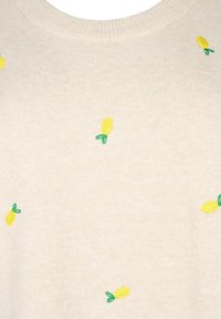 Maglione beige realizzato in tessuto morbido, con ricamo di limoni gialli e dettagli di foglie verdi, e un classico collo rotondo.