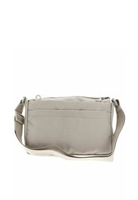 Beige Stofftasche mit verstellbarem Tragegurt, Reißverschluss oben und einer flachen Rückentasche. Die strukturierte Webart verleiht dem Gesamtentwurf Detail.