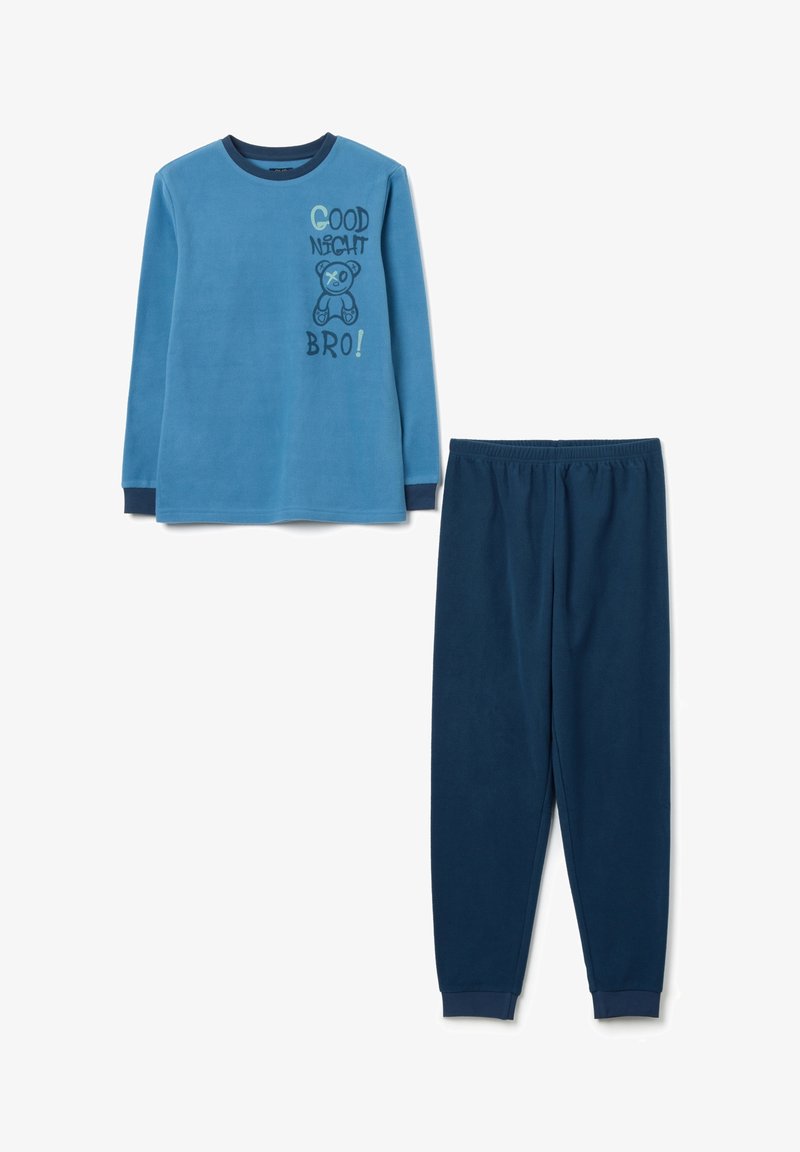 Blauw pyjama set bestaande uit een shirt met lange mouwen met de tekst "SLAAP LEUK BRO!" en een teddybeerafbeelding, gecombineerd met donkerblauwe broek. Zachte stof.