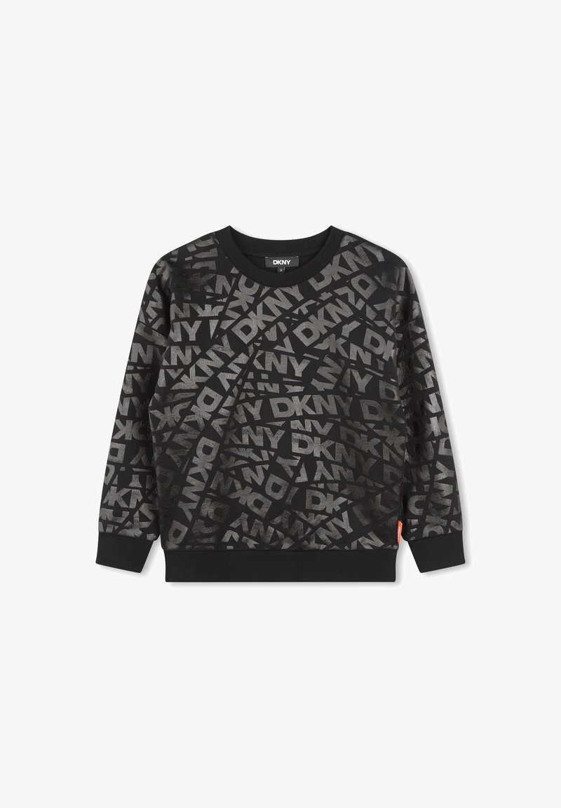 Sweatshirt noir avec un motif texturé en all-over représentant des logos gris "DKNY", encolure ras du cou et poignets et ourlet côtelés.