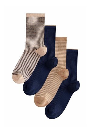 Four pairs of mid-calf socks in navy blue and beige with striped and ribbed patterns, arranged overlapping on a white background.