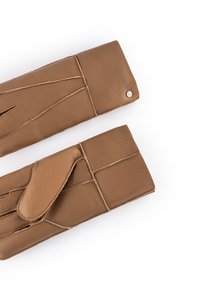 Brown leather gloves with four finger openings, textured surface, and decorative stitching. Features a closure flap and a metal stud detail.