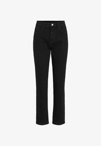Jeans de denim negro con corte recto, cinco bolsillos, cierre de botón metálico y un diseño clásico de cinturilla. Textura suave.
