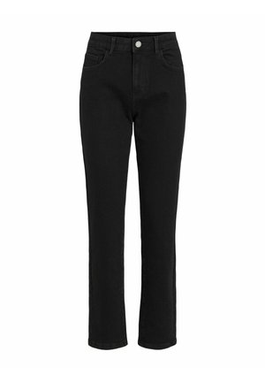 Crne traperice od denima s ravnim krojem, pet džepova, zatvaranjem na metalni gumb i klasičnim dizajnom remena. Glatka tekstura.