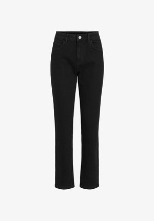 Black denim jeans with a straight leg cut, five pockets, a metal button closure, and a classic waistband design. Smooth texture.