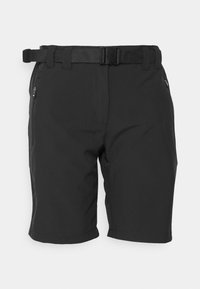 Mustat shortsit vyötäröllä vyöllä, sileästä kankaasta valmistetut. Niissä on kaksi vetoketjullista taskua ja suora leikkaus, joka päättyy polven yläpuolelle.