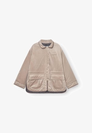 Beige padded jacket with a round collar, front button closure, two large front pockets, and a smooth texture. Interior lining is dark.