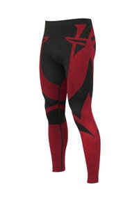 Leggings featuring a black base with dynamic red geometric patterns. Designed in a form-fitting style with a textured finish.