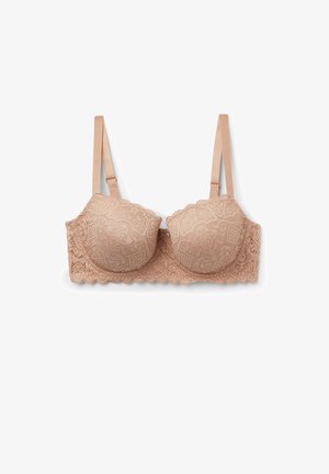 Nude Spitze-BH mit gewellten Rändern und gepolsterten Cups. Verfügt über glatte, verstellbare Träger und aufwendige florale Muster.