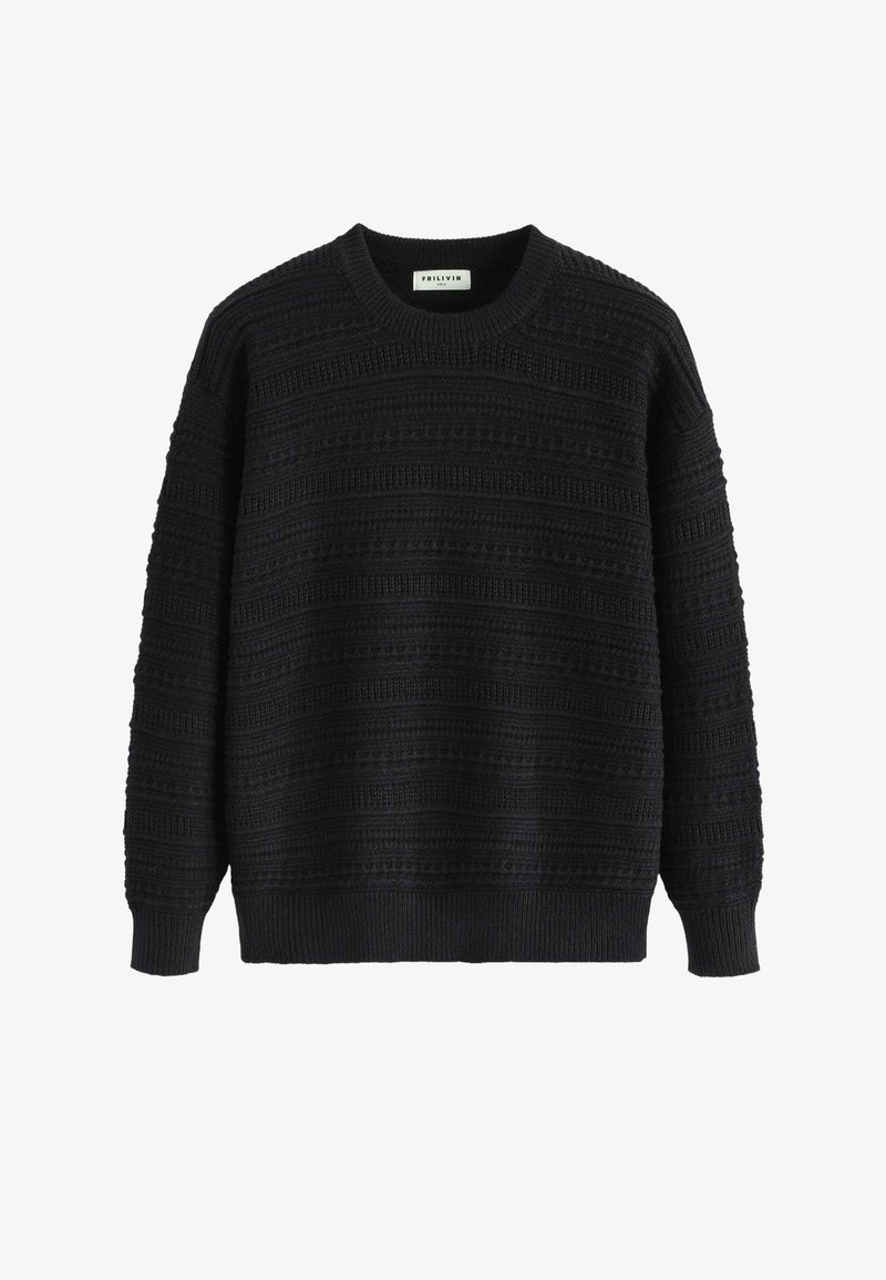 Pull noir en tricot texturé, présentant des rayures horizontales et des poignets côtelés. Design à col ras du cou, légèrement ample.
