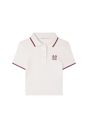 Polo shirt crema in cotone, con colletto rifinito in bordeaux e bottone a tre fori; logo ricamato sul petto.